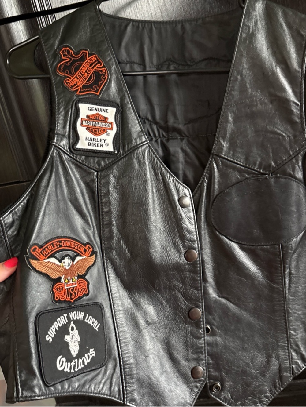 Harley-Davidson Black Leather Vest with Orange & White Patches